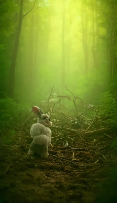 A vibrant forest with lush greenery and tall trees. In the foreground, a fluffy white rabbit with large, expressive eyes and soft, delicate fur stands near a tangled pile of fallen branches. Beneath the branches, a small baby panda with round black and whi...