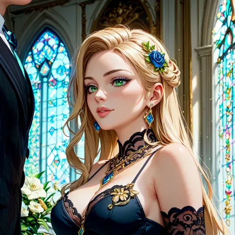 (( top quality )), ((masterpiece)), ( Details), （ perfect face）、Blonde and green-eyed Tiaille Lunatique wears an elegant white blouse and a black suit with luxurious and beautiful gold embroidery and edging