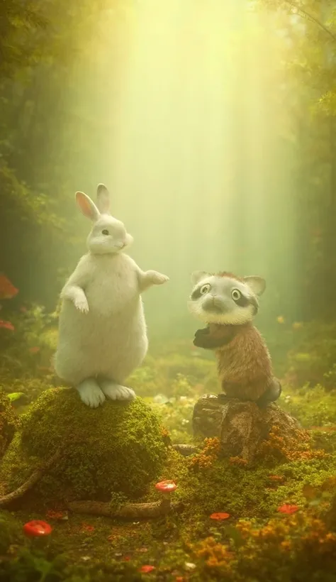 The fluffy white rabbit stands on a mossy stone, using small paws to push against a heavy branch. The baby panda watches with wide, hopeful eyes as the branch shifts slightly. The setting is a quiet forest clearing with bright red mushrooms and scattered w...