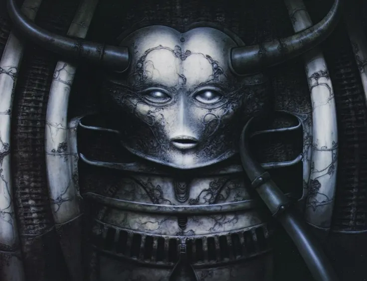 H. R. Gigers g1g3r, , Giger_style,  , The image is a detailed view of H.R. Gigers " Li II  " plate, featuring HRGGR, H.R. GIGER.  g1g3r 3t3rn1ty,alien creature, dark alien architecture machine (best quality:1.4). Gigers biomechanical tableau features a clo...