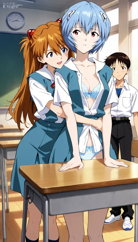 high resolution picture, masterpiece, best quality, amazing quality, extremely detailed, intricate details, evangelion, official art, hetero, 2girls and 1boy, wearing tokyo-3 school uniform, BREAK, (1girl, ayanami rei, blue hair, red eyes), BREAK, (1girl, ...