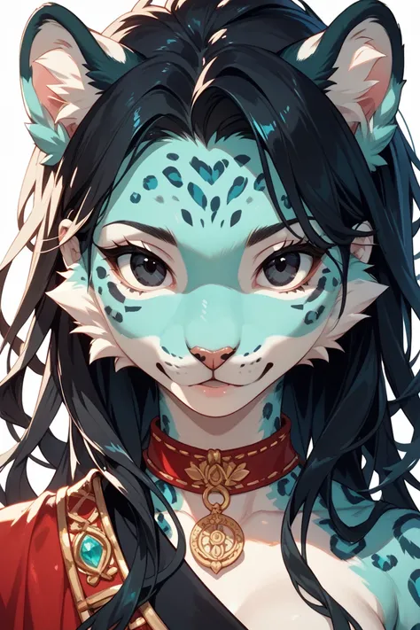 Leopard with light turquoise fur,  black hair,  black eyes 