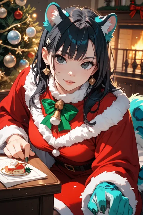 Leopard with light turquoise fur,  black hair,  black eyes,  dressed as Santa Claus