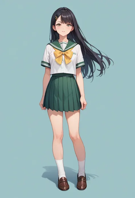 masterpiece, of the highest quality, 
(1girl), 
 black hair,  high school girl,  Green Sailor Suit,  Green Pleated Skirt,  yellow ribbon,  high socks,  loafers without pants,  long hair on her face, 
break (((full body))), standing, 