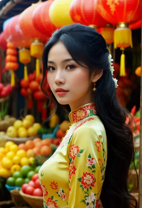 image of a Vietnamese woman,22 years old, 176cm in height, beautiful, tall and gracefully, wearing traditional Vietnamese dress, real photo, market in Vietnam background, Bac Giang province, tall and gracefully, wearing traditional Vietnamese dress, ultra-...