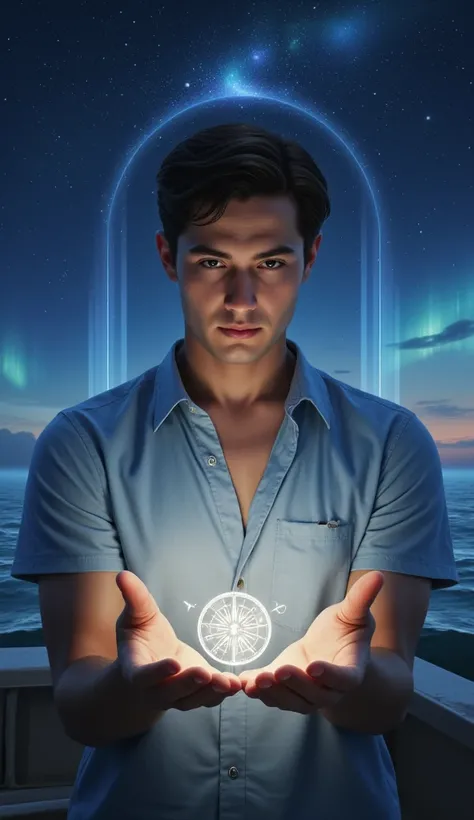 1. Perspective: Medium shot of a young man with an intense yet calm gaze, focusing on his hands holding a glowing, floating compass.

2. Subject: A hyperrealistic man with defined, gentle features and a serene expression. The compass in his hands glows wit...