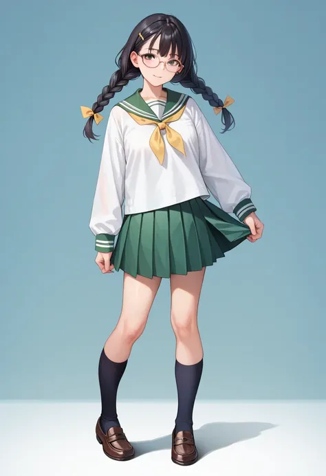 masterpiece, of the highest quality, 
(1girl), 
 black hair,  high school girl,  Green Sailor Suit,  Green Pleated Skirt,  yellow ribbon,  high socks,  loafers without pants,  braids, Glasses, 
break (((full body))), standing, 