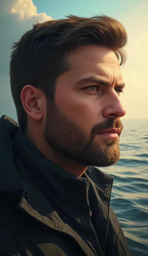 1. Perspective: Close-up of a man with intense, thoughtful eyes, standing by the ocean, with the horizon and waves stretching infinitely behind him.

2. Subject: A hyperrealistic man with rugged, strong features. His gaze is fixed on the distance, his expr...