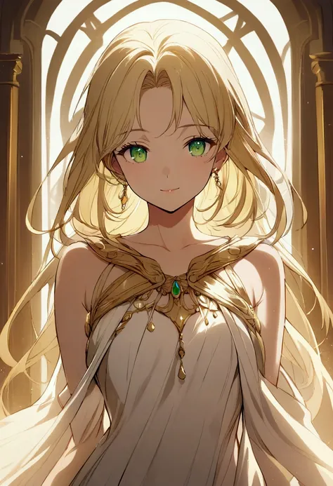 "Create an anime-style illustration of an adult girl with long blonde hair, green eyes, and light skin, wearing a flowing off-white dress with gold details inspired by Grecian attire, featuring a calm expression and a light smile, looking towards the audie...