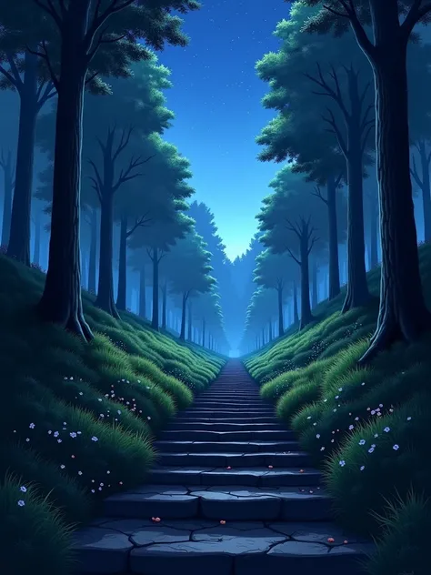 (Background::a stairway leading up to a forest at night, anime background art, anime movie background, anime nature wallpap, anime landscape wallpaper, anime landscape, anime scenery, colorful anime movie background, beatiful backgrounds, anime scenery con...