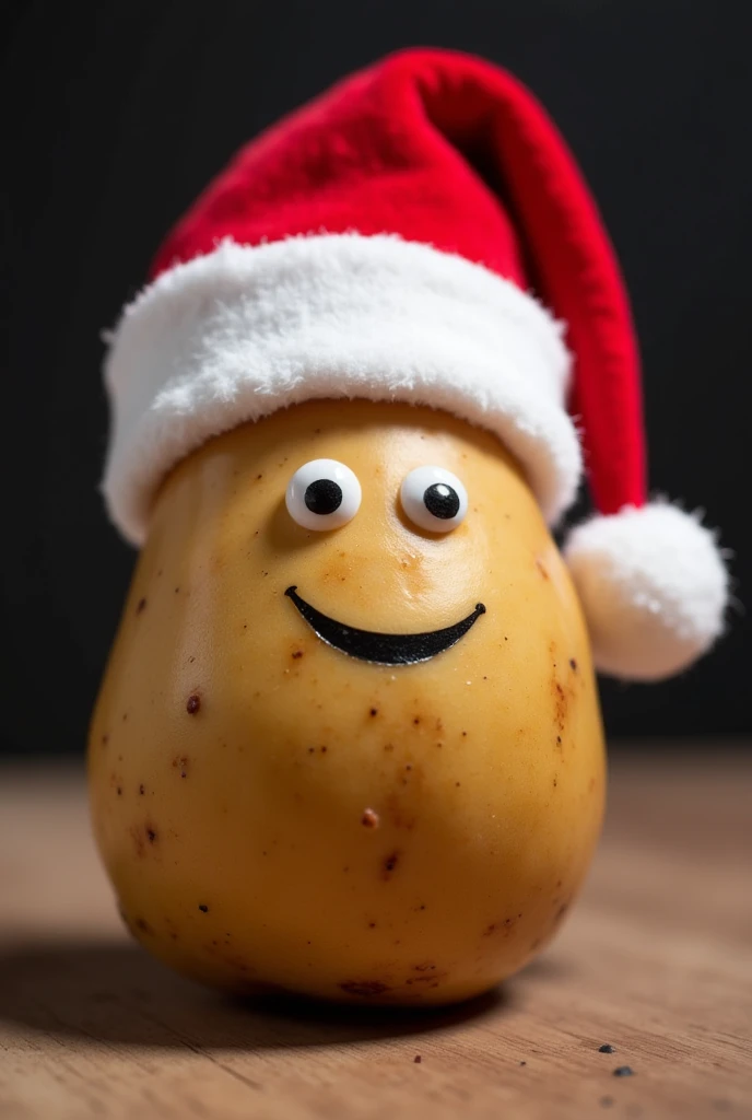 a photo of a brown baker potato wearing a Santa hat