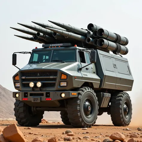  A futuristic war truck, firing advanced missiles .