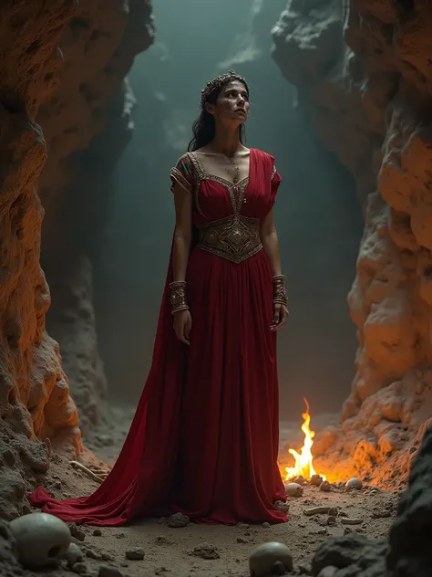 Beautiful princess dressed in red ancient Roman clothing, face dirty with soot, standing in a cave, fire burning in the middle of the cave, horrified expression on the figure, around are bones of animals and people, high details on the figure, cinematic st...