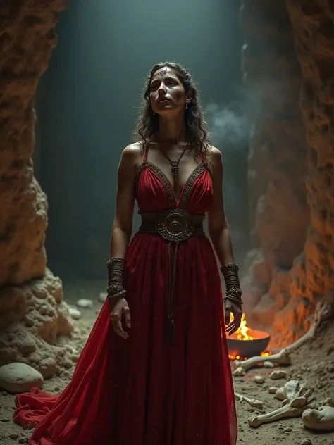 Beautiful princess dressed in red ancient Roman clothing, face dirty with soot, standing in a cave, fire burning in the middle of the cave, horrified expression on the figure, around are bones of animals and people, high details on the figure, cinematic st...