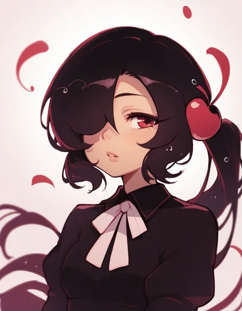 ccolacookie, 1girl, solo, black hair, dress, red eyes, hair over one eye, ponytail, cherry hair ornament
 