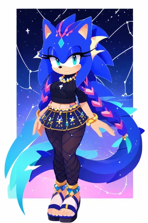 Sonic oc, Mobian, female, sonic the hedgehog but female, Cosmic hedgedragon (hedgehog and dragon hybrid), A beautiful light blue hedgehog, purplish blue eyes, very long hair/quills, braided and beaded long hair bangs, long streaks of hair on each side of h...