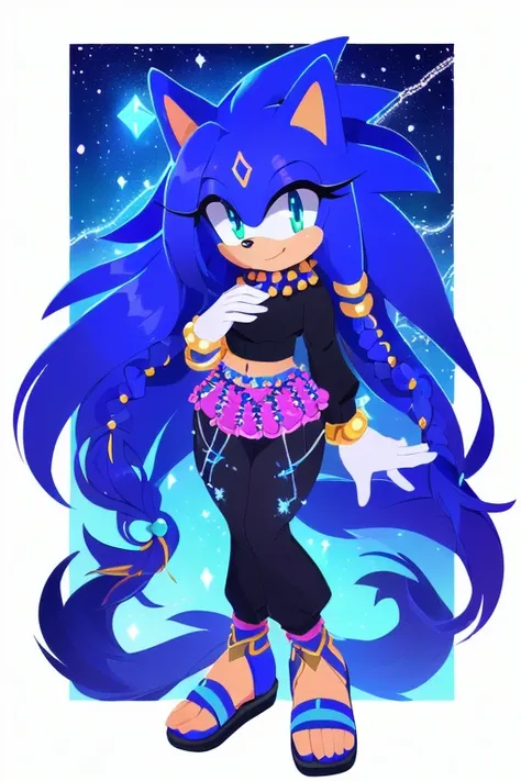 Sonic oc, Mobian, female, sonic the hedgehog but female, Cosmic hedgedragon (hedgehog and dragon hybrid), A beautiful light blue hedgehog, purplish blue eyes, very long hair/quills, braided and beaded long hair bangs, long streaks of hair on each side of h...