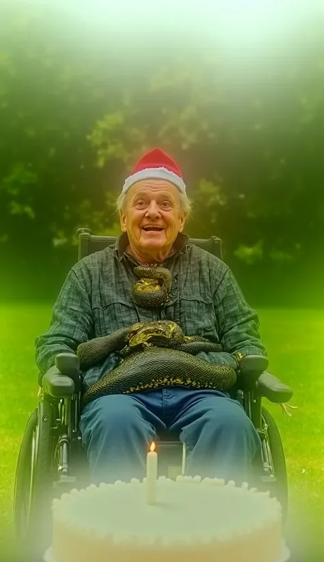 The scene takes place outdoors on a grassy field with a majestic stone castle in the background, partially obscured by lush green trees. In the foreground, an elderly man is sitting in a wheelchair, dressed in simple blue clothing. He wears a red Santa Cla...