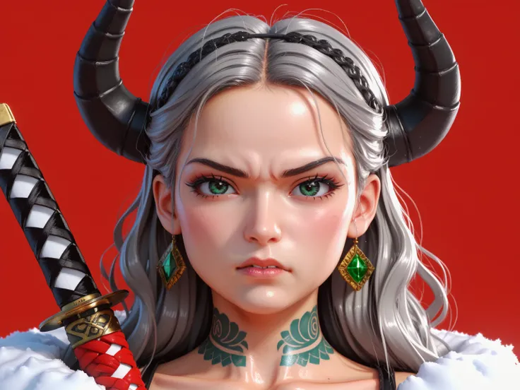  A beautiful young Korean woman .
Gray hair , Chanel style.
Emerald green eyes, expressive, obfuscating, bioluminescentes. 
 angry expression .
tattooed face.
2 horns on the forehead.
 snow-white skin .
 You are holding a katana sword horizontally with you...