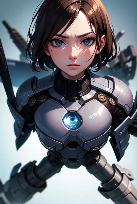 A cinematic sci-fi close-up portrait  of a, with scifi eye gear, beautiful and action with gun in her hand , woman wearing sci fi jacket,age 30 ,with brown hair. Serious face expression,Her face is clear ,focusing on expressive eyes and subtle facial detai...