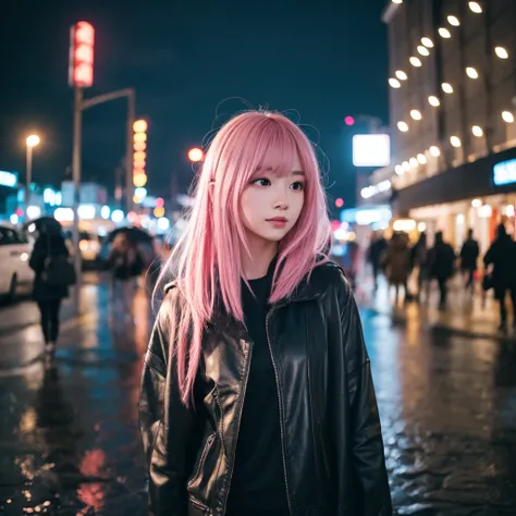  1 girl,Night City,rain, comments、 pink hair、 bob hair、 cute