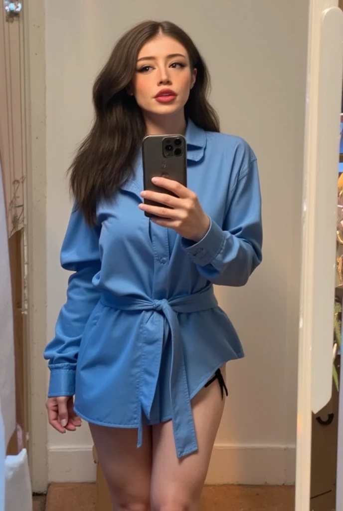 A mirror selfie of chrissy standing in her bedroom wearing a mens blue shirt, bare legs, full body image, holding an iphone, looking straight at the viewer,frontal view