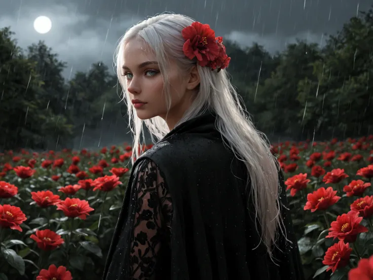  1girl,One, 1girl,One,(( beautiful detailed eyes )), (detailed light), Depth of field ,( white hair),  silver eyes  , hair in one eye,(Red flower ), hair flower, long hair, Black Cloak,Wet, emotionless , looking back,Night,meteor shower,it&#39;s raining,fo...