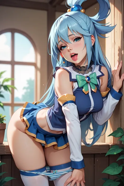 Konosuba, aqua, bent over,arched back ,skirt up, striped panties, licking her own panties, horny bitch, bug hanging titties