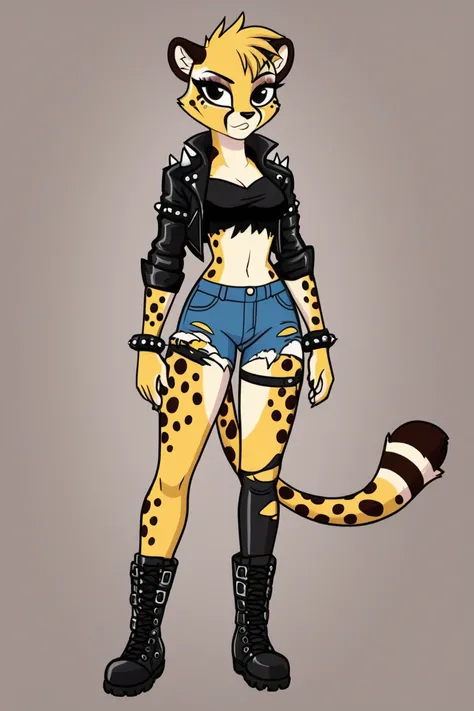  Anthropomorphic cheetah girl , ROCKER,  hourglass figure, paws by feet ,  ripped short jeans ,  black jacket with ripped sleeves ,  black cropped top ,  knee-length black leather boots ,  black bracelets with spikes around both wrists,  black eye shadow ,...