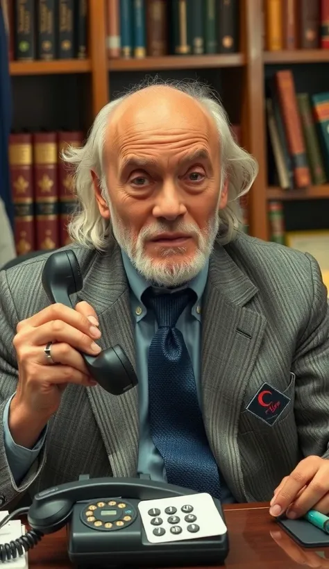 Totally shaved old man,  with no facial hair , WITHOUT BEARD AND WITHOUT MOUSTACHE,  with slightly long bald white hair dressed in a gray suit  ,  sitting at his desk with an old black telephone in one of his hands, a library behind .