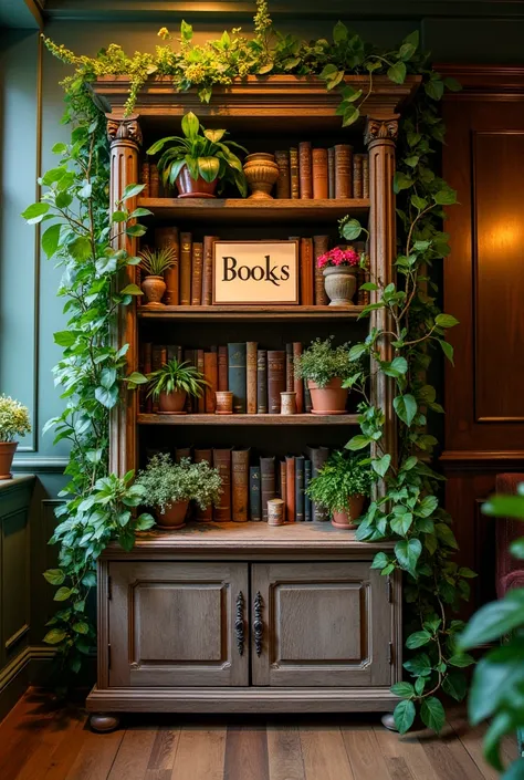 An old bookcase with lights ,  plants and flowers very aesthetic with the word books on a sign 