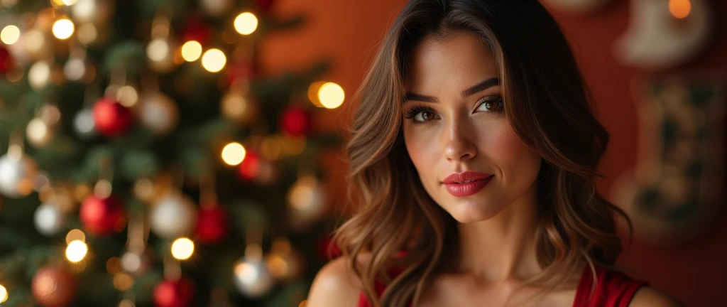 (Photorealistic:1.4, extremely complex:1.3, radiation, photon mapping, dtx, 8k), (realistic skin), (pores)
Photorealistic photography of a 30-year-old French woman with wavy light brown hair, wearing a seductive Christmas-inspired outfit in a warm, festive...