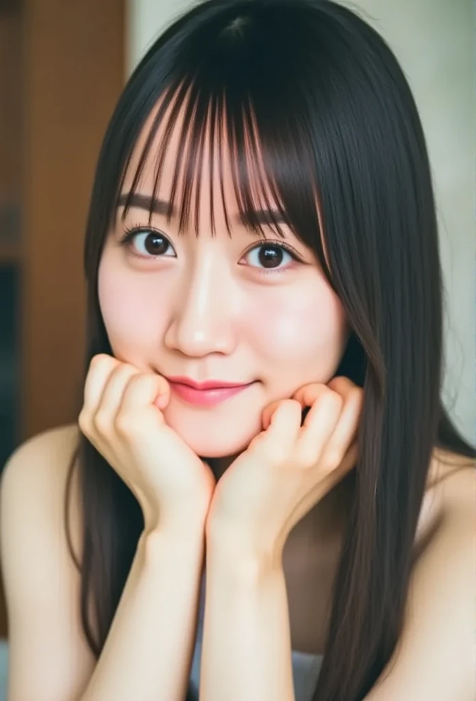 likeい, An adorable Korean woman poses gently for the camera , She gently places her hands on her chin , Her long,  Black hair wraps around her gentle face .  She embodies the sweet innocence of Korean idols ,  and adds playfulness and cuteness . Her perfec...