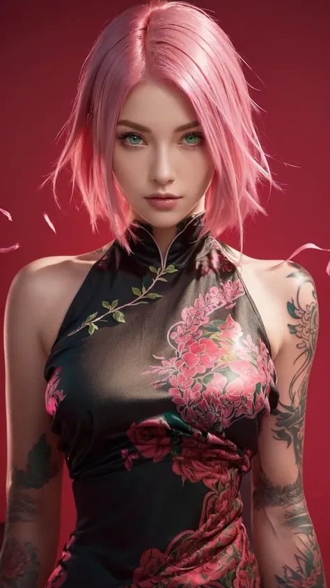 a close up of a woman with pink hair and tattoo, beautiful girl with green eyes, beautiful girl with pink hair 