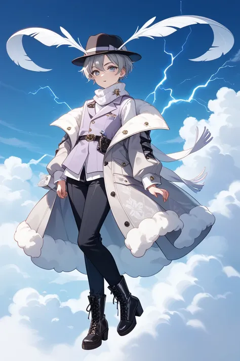 full body, femboy, fully clothed, An illustration, (masterpiece、最high quality、high quality), pure white background, Character design, Character sheet,  sleek fedora hat with a soft, fluffy brim that looks like its made of clouds. The hatband is adorned wit...