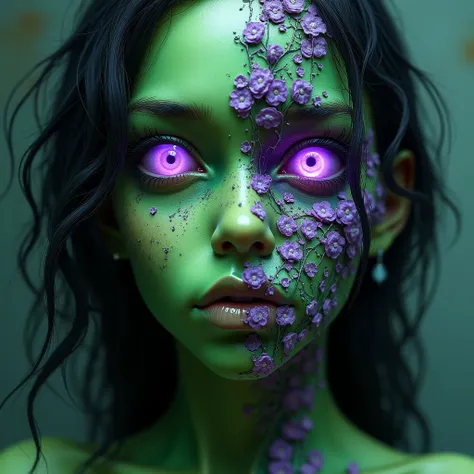 The beautiful green rotting zombie girl had purple eyes.Half of the zombie rotting girls face was covered in delicate, transparent purple flowers. Half of the zombie rotting girls face was covered in green blood blood vessels.