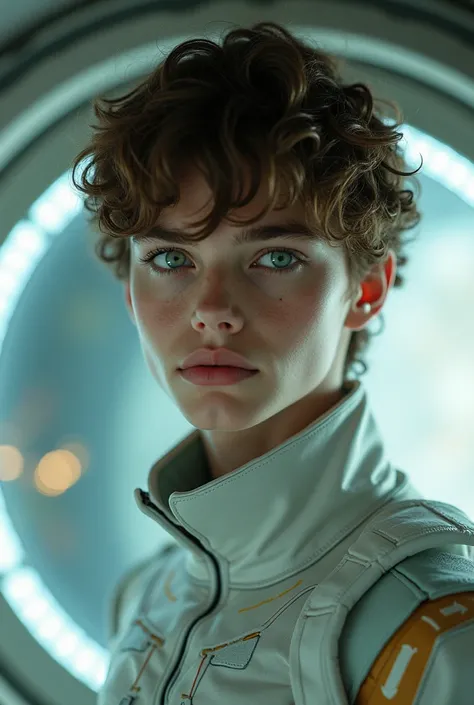  professional photo ,  Teenage male , no beard,  bright green eyes ,  brown hair , face and features perfect soft lips sculpted,  jaw and well-defined cheekbones divine beauty, Divine Aura .  on a spaceship 
