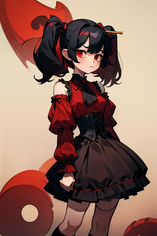  sleepy look after intercourse、strong、Naughty、Black hair with curled ends、 short twin tails、 red eyes、((Red blouse))、Shoulders stick out、 black skirt、 knee-high socks 、 corset