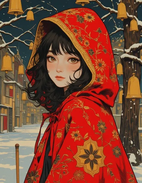 Beautiful girl in classic red Christmas hooded cloak for the holidays, The Little Match Girl, She was selling matches barefoot in the cold without any shoes on, The girl lit a match to try to get a little warmer. Background of a bell tower with hanging gol...