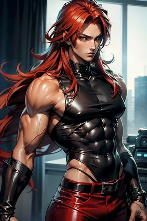 realistic male anime character tall sexy very sexy seductive aura ultra detailed sleeveless shirt sleeveless long red hair muscular handsome best quality tight black leather pants 