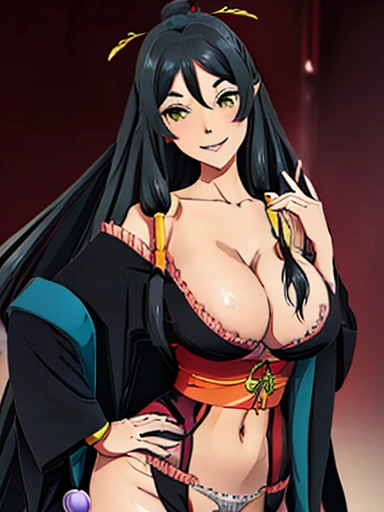 A pretty Tio  , Arifureta ,  nsfw girl with long straight black hair and a pretty face and green eyes, Slim body,  busty ,  wide hips and slim waist ,  legs apart,  Smile cheerful , big bust, and very provocative  