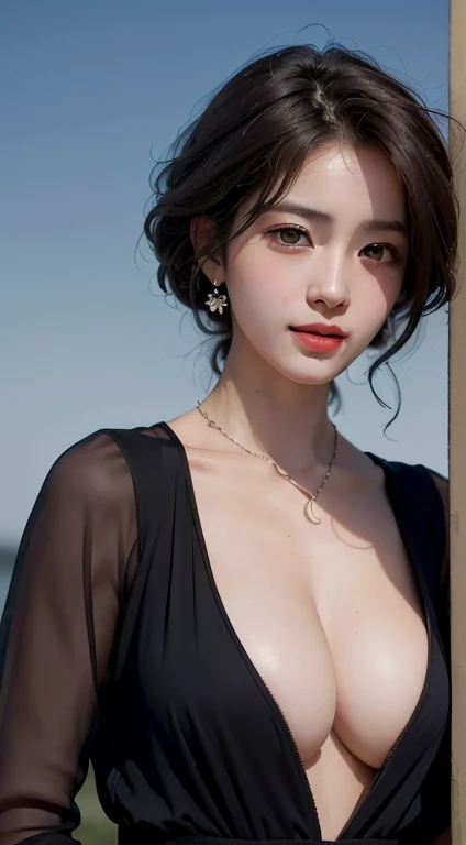 highest quality, masterpiece, 超High resolution, (realistic:1.5), RAW photo, 1 girl,in the dark, deep shadow, private key, soft light, sexy look, Short Hair Girl, alone, {beautiful and detailed eyes}, Summer night background(Crescent Moon),Night sky backgro...