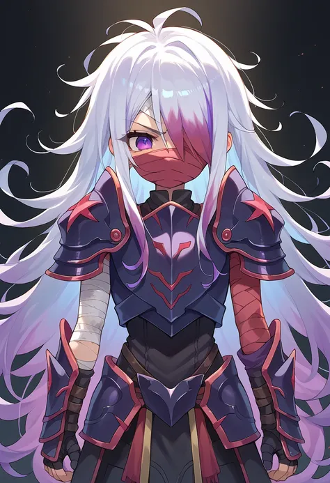 ((masterpiece)), anime lighting, 1boy, solo, long hair, purple hair, white hair, multicolored hair, purple eyes, face covered with bandages, only left arm, ((MISSING RIGHT ARM)), burns on skin, armor, black armor, crimson armor patterns, multicolored armor...