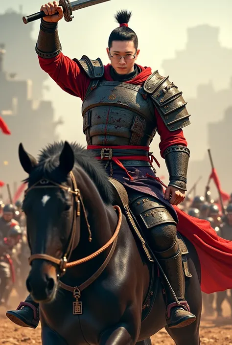 Asian warriors are fighting in the middle of the battlefield. He has short side part hair. His body is strong and healthy. He held the sword high with an angry face. His armor had many cracks and damage. There were many wounds all over his body. He rides o...