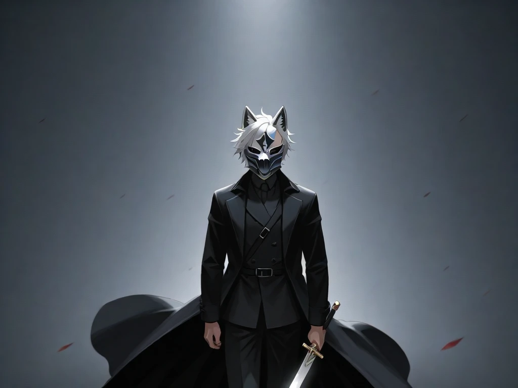  An adult man wearing a black overcoat , with short white hair tucked back,  wearing a gray wolf mask on his face ,  holding a sword in his right hand and a scabbard in his left hand 