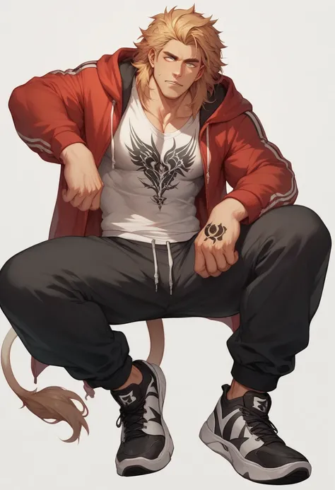 a strong man with long hair, wearing a hooded sweatshirt, white eyes and prominent facial veins, lion tattoo on his wrists, wearing black sweatpants, black sneakers, 8k high definition