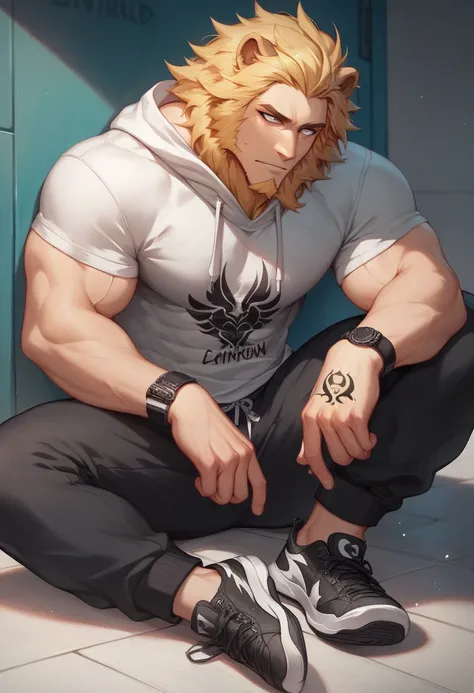 a strong man with long hair, wearing a hooded sweatshirt, white eyes and prominent facial veins, lion tattoo on his wrists, wearing black sweatpants, black sneakers, 8k high definition