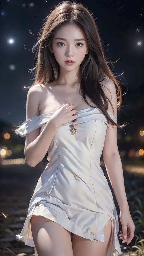 1 girl, 19 years old, ((city in Vietnam)), dark brown hair, purple eyes, hair ornament, white flared skirt ((cowboy photo)), ((bare shoulders)), ((dress)), realistic detailed photo of a busty girl with bare shoulders, groomed fingers, high quality skin, bl...