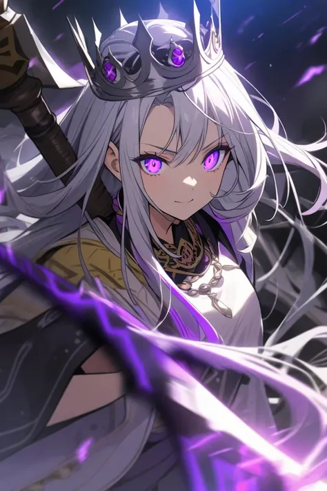 A women with silver hair, purple strands in hair, purple glowing eyes, choas crown, choas outfit, choas axe, glowing pendent on her