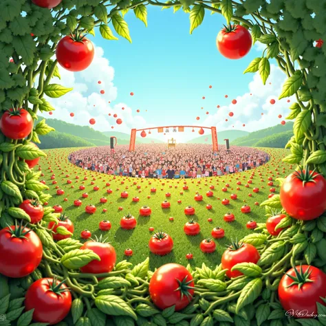 A concert stage with the image of a field with green tomatoes and slightly red tomatoes　 people